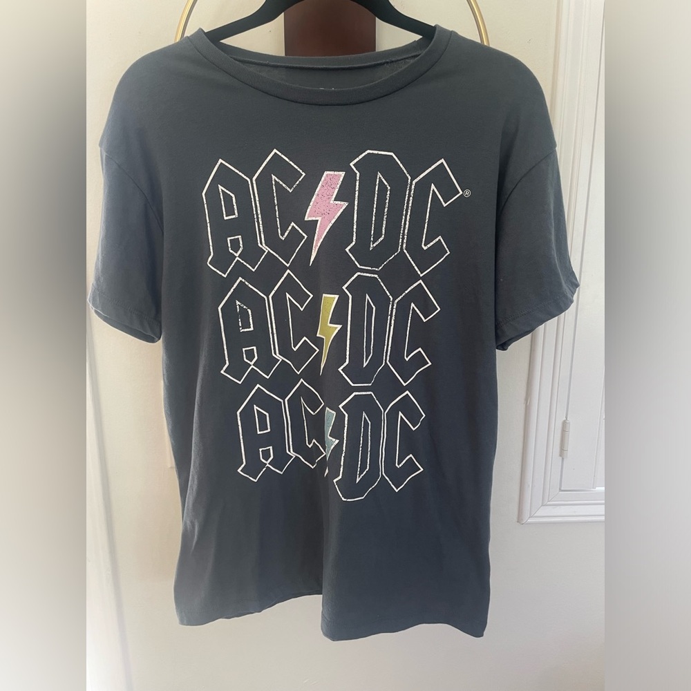 AC/DC Black Tee with Pink & Yellow Lightning Bolts